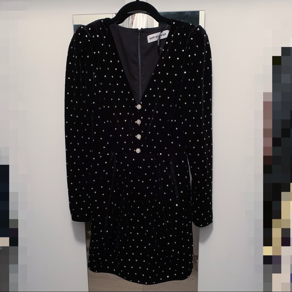 Self-Portrait Black Velvet Mini Dress with Crystal Buttons